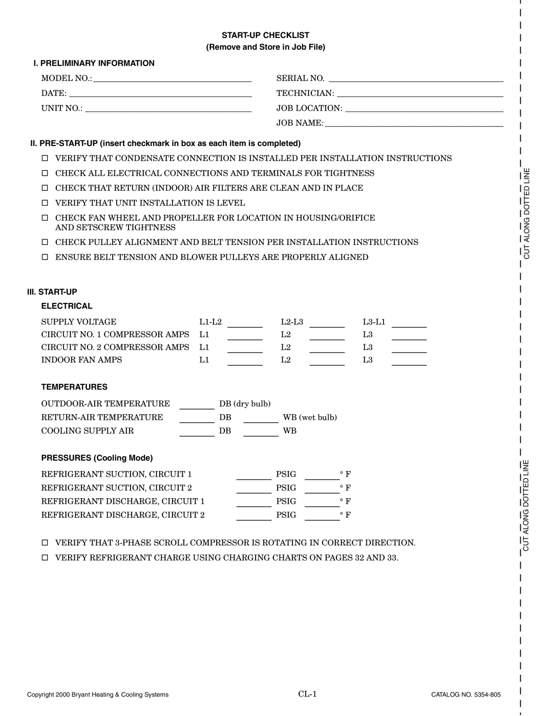 Bryant 548D installation instructions START-UP Checklist, Preliminary Information, III. START-UP Electrical, Temperatures 