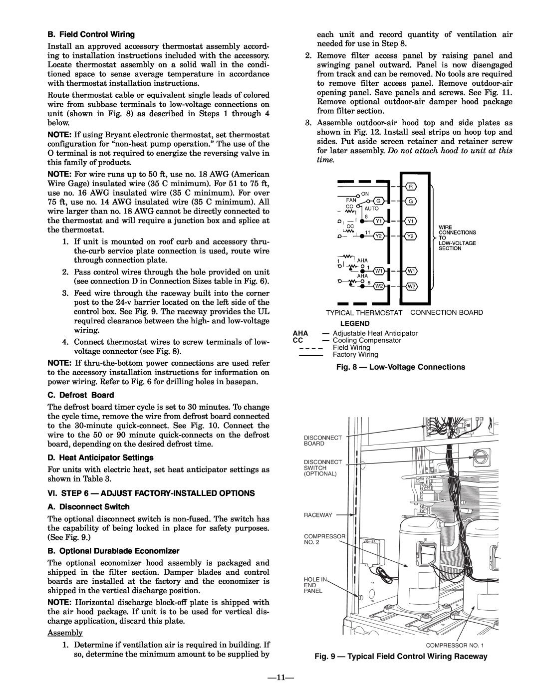 Bryant 548D B. Field Control Wiring, C. Defrost Board, D. Heat Anticipator Settings, Vi. - Adjust Factory-Installedoptions 