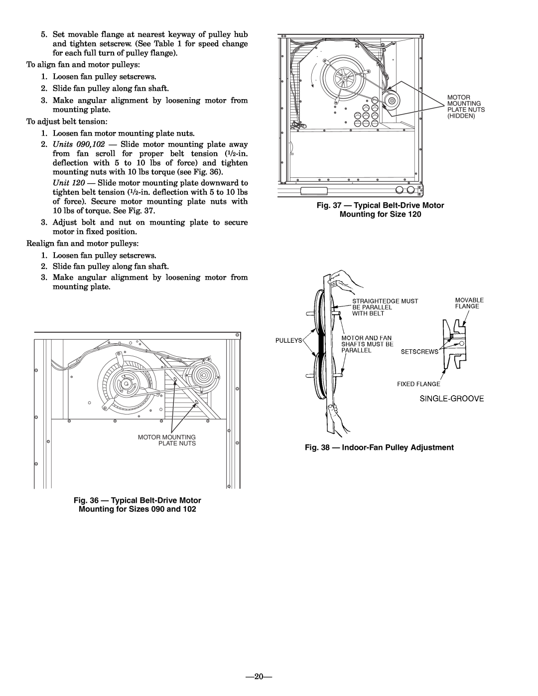 Bryant 548D installation instructions Typical Belt-DriveMotor, Mounting for Size, Indoor-FanPulley Adjustment 
