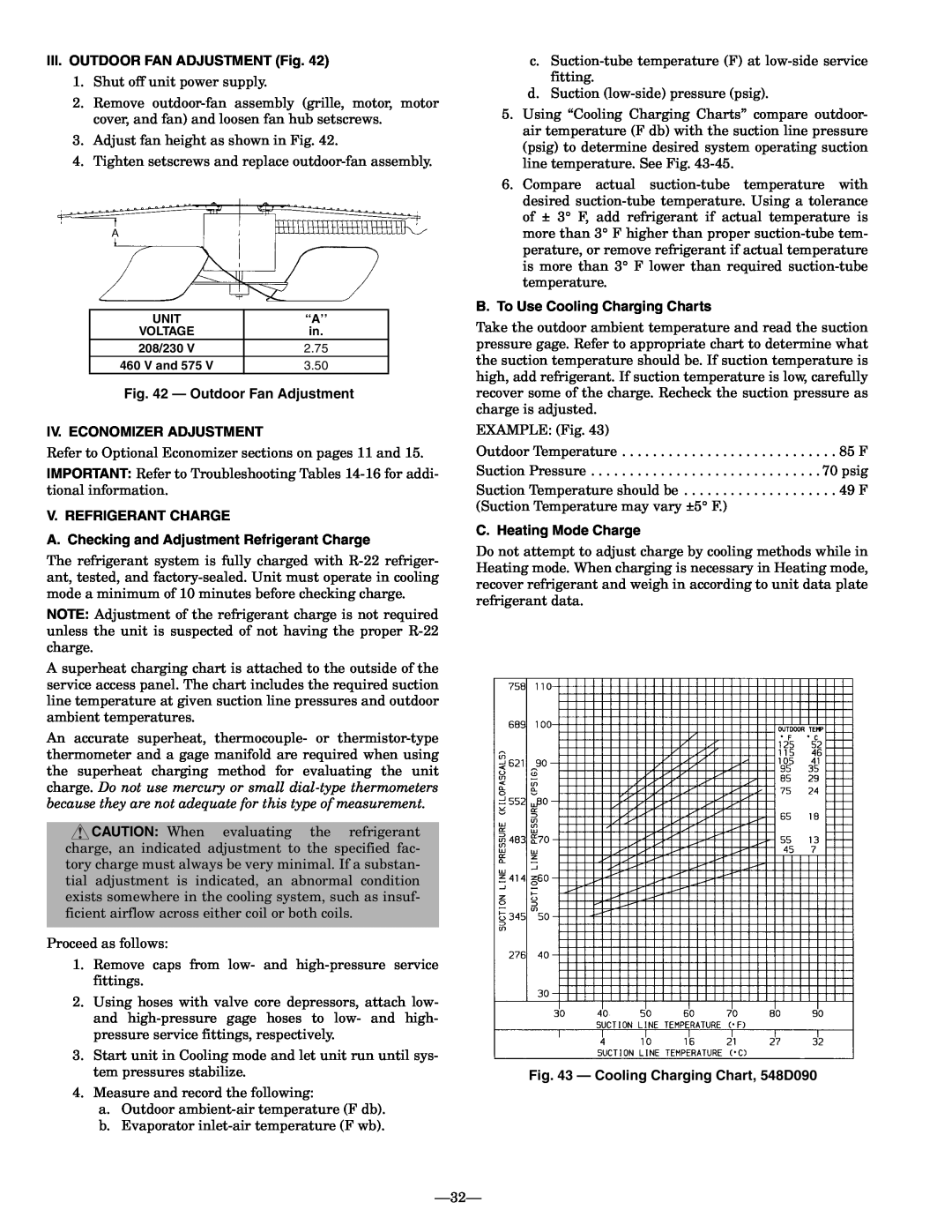 Bryant 548D III.OUTDOOR FAN ADJUSTMENT Fig, Outdoor Fan Adjustment, Iv. Economizer Adjustment, V. Refrigerant Charge 