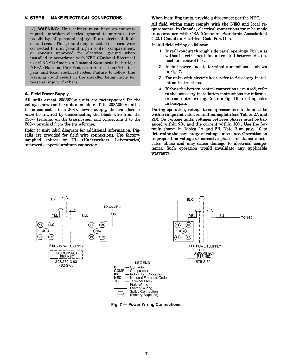 Bryant 548D installation instructions V. - Make Electrical Connections, A. Field Power Supply, Power Wiring Connections 