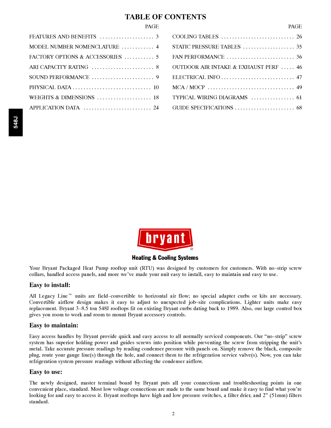 Bryant 548J manual Table of Contents 