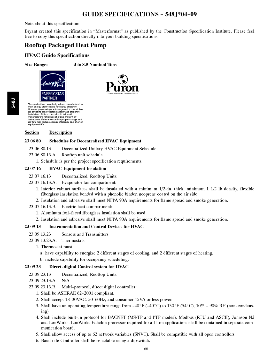 Bryant manual Guide Specifications 548J*04-09, Hvac Guide Specifications 