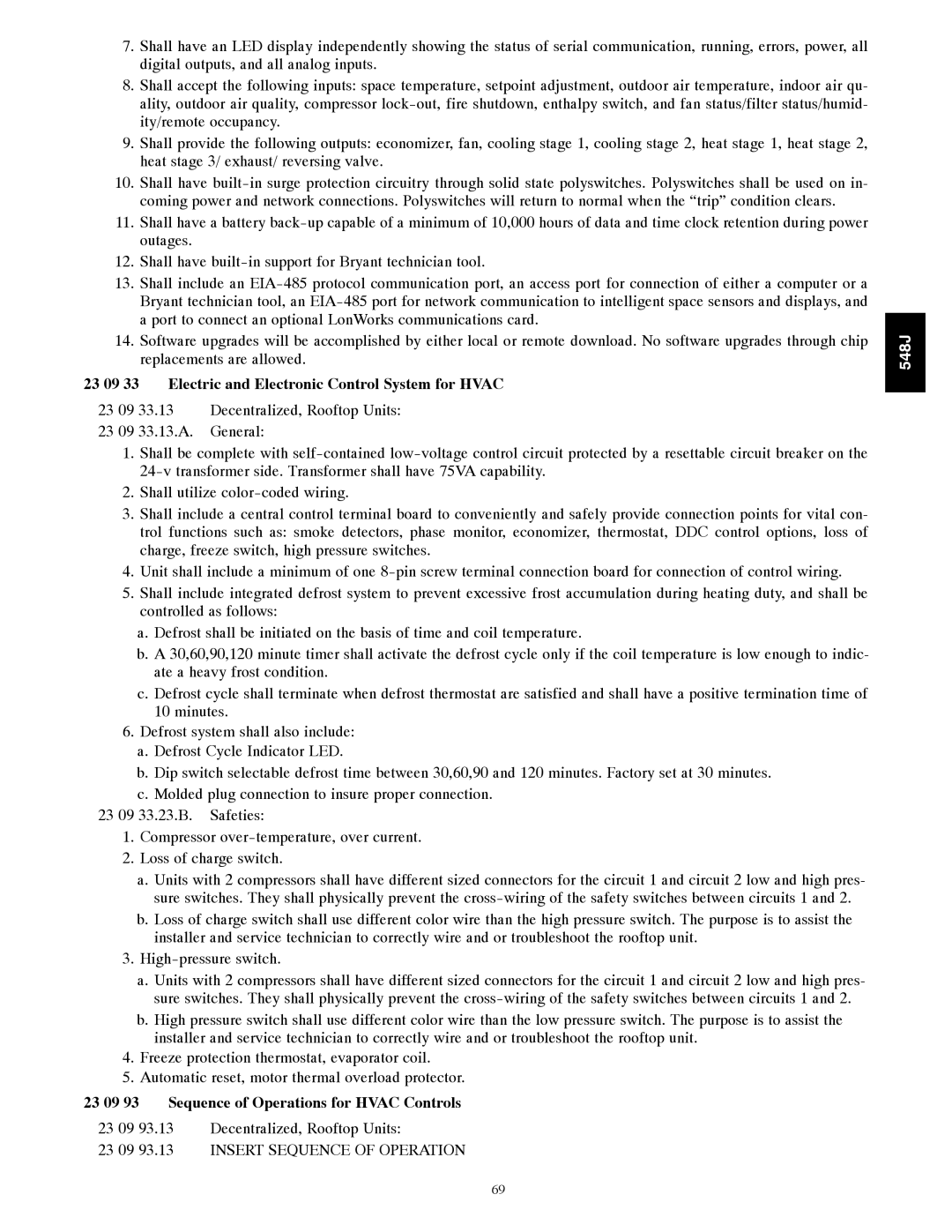 Bryant 548J 23 09 33 Electric and Electronic Control System for Hvac, 23 09 93 Sequence of Operations for Hvac Controls 