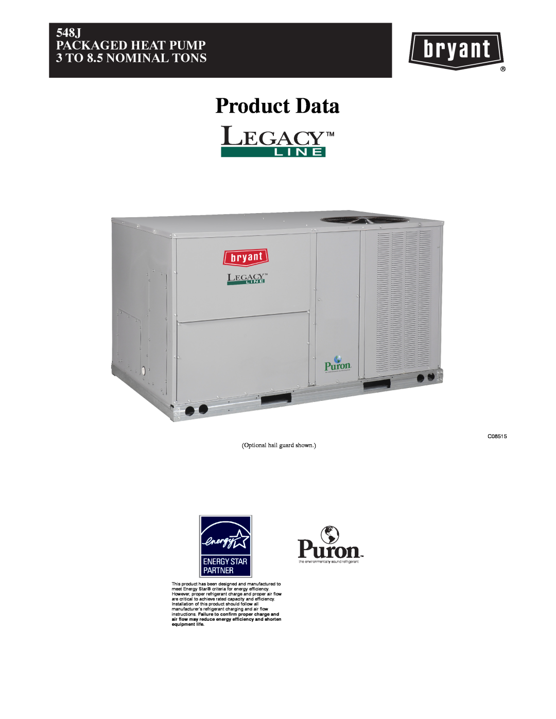 Bryant 548J manual Product Data, PACKAGED HEAT PUMP 3 TO 8.5 NOMINAL TONS, C08515 