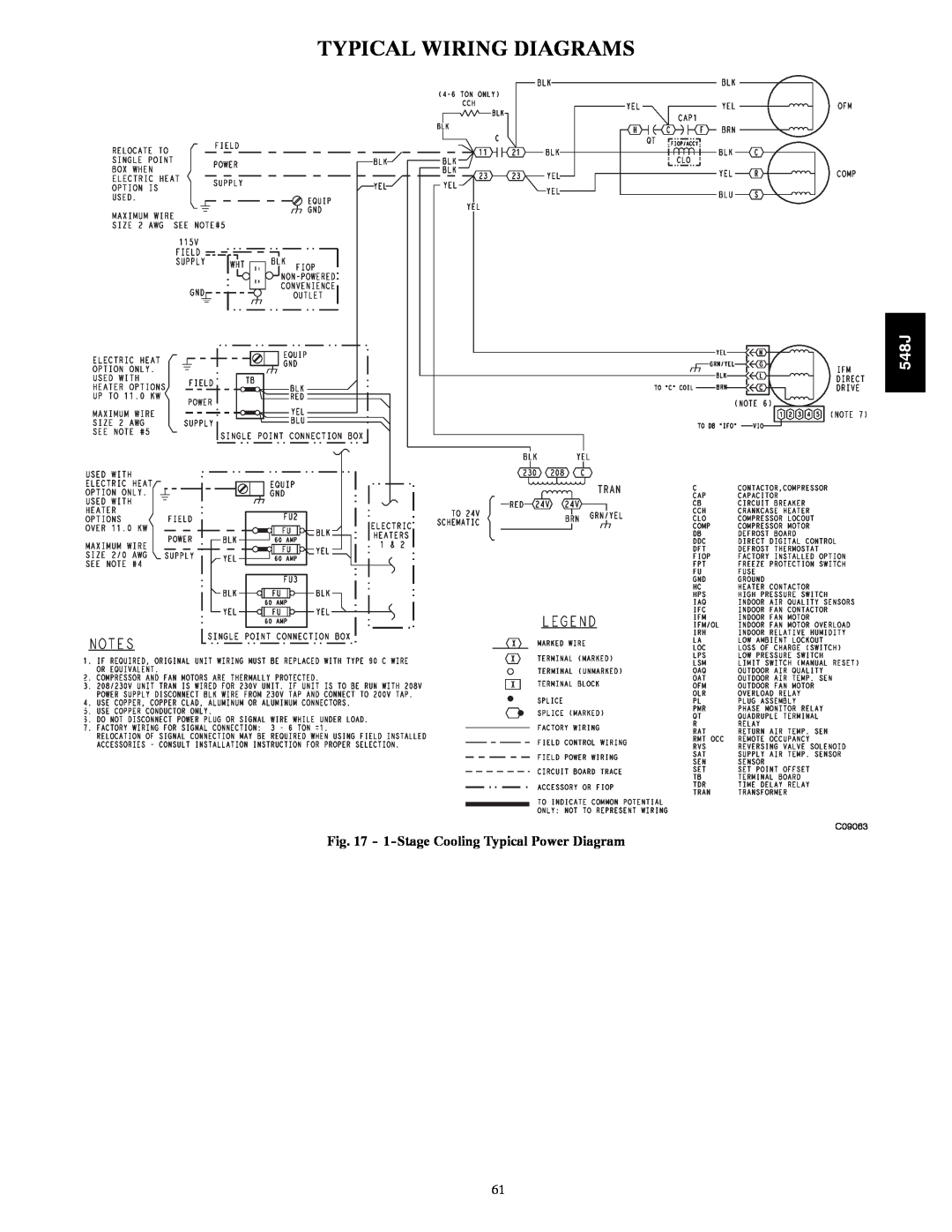 Bryant 548J manual Typical Wiring Diagrams, 1-StageCooling Typical Power Diagram, C09063 