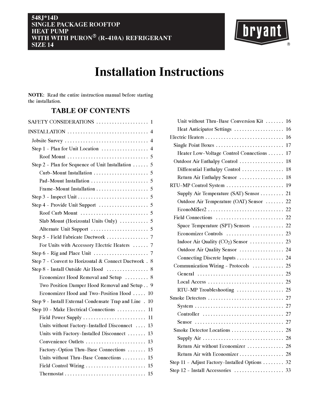 Bryant 548J*14D installation instructions Installation Instructions 