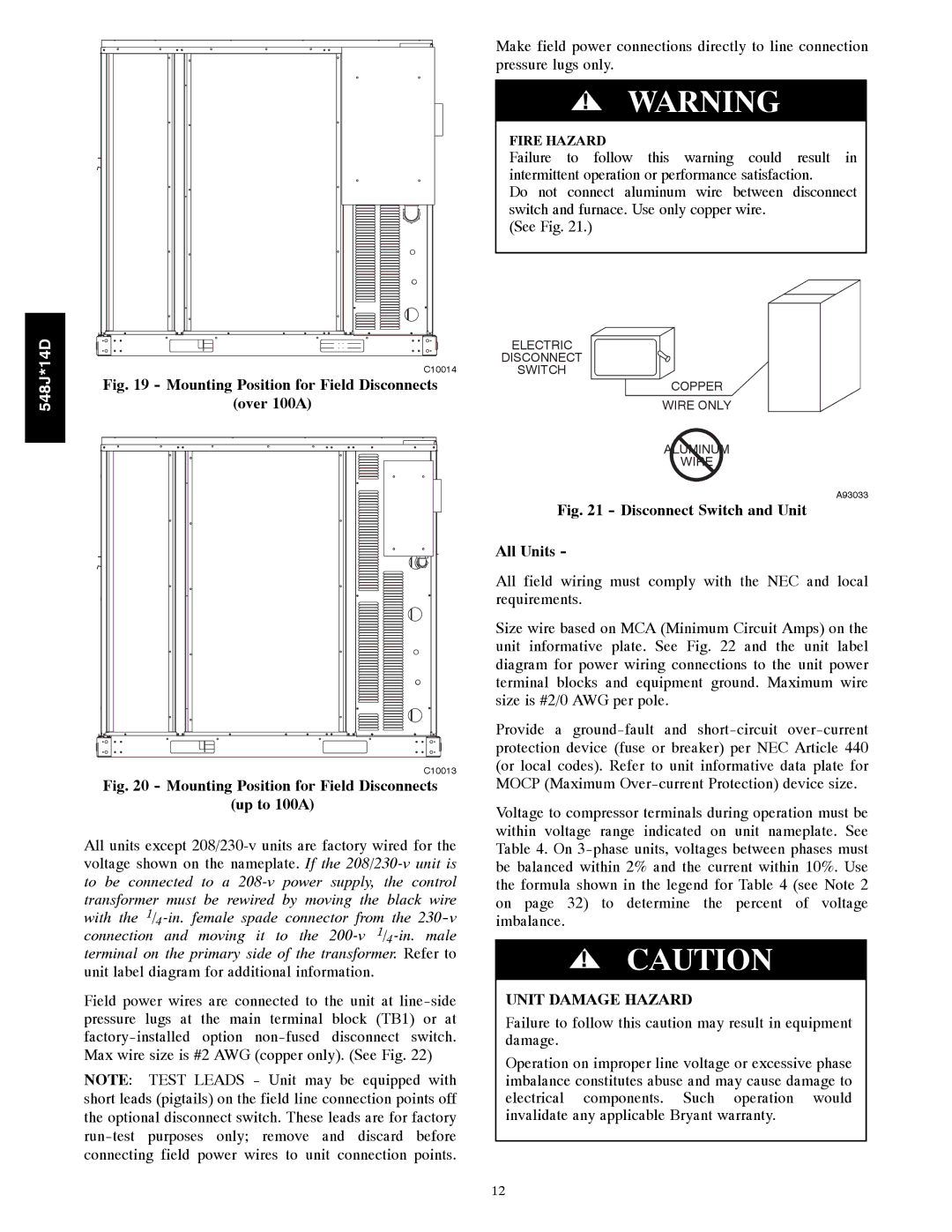 Bryant 548J*14D installation instructions Mounting Position for Field Disconnects Over 100A 