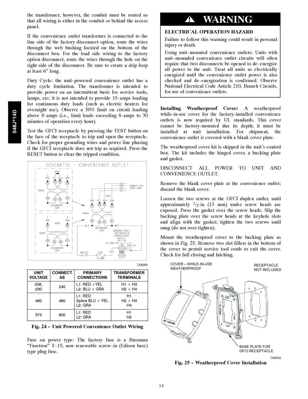 Bryant 548J*14D installation instructions Unit Powered Convenience Outlet Wiring 