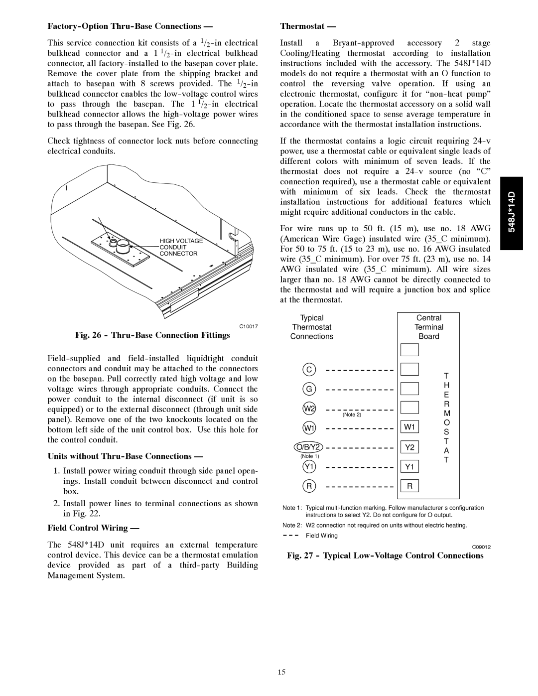 Bryant 548J*14D Factory-Option Thru-Base Connections, Thermostat, Units without Thru-Base Connections 