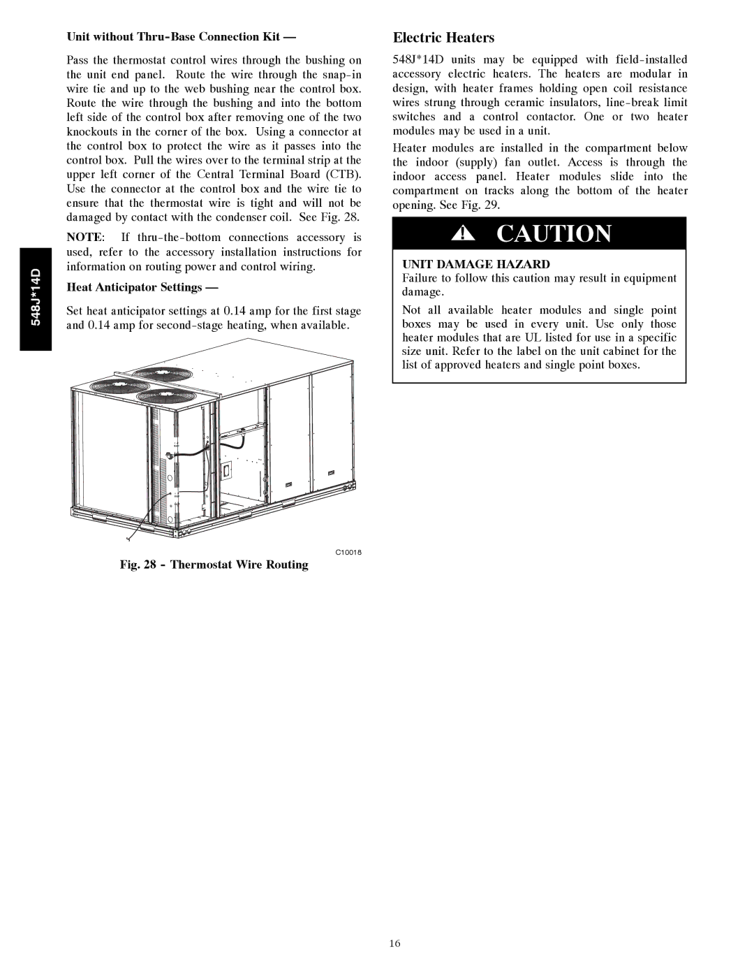 Bryant 548J*14D installation instructions Unit without Thru-Base Connection Kit, Heat Anticipator Settings 