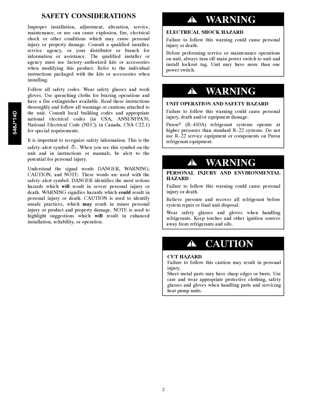 Bryant 548J*14D installation instructions Safety Considerations 