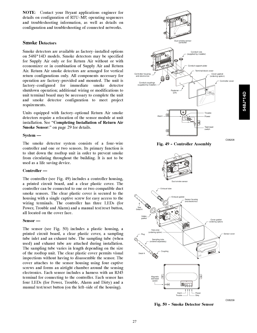 Bryant 548J*14D installation instructions Smoke Detectors, System, Controller, Sensor 