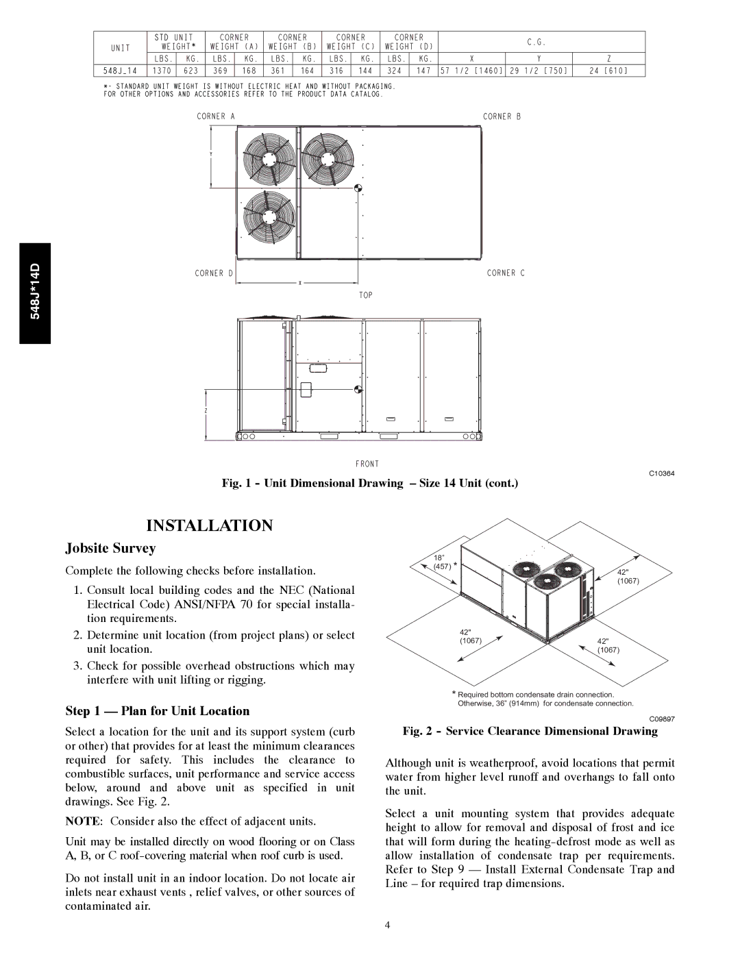 Bryant 548J*14D installation instructions Plan for Unit Location, Service Clearance Dimensional Drawing 