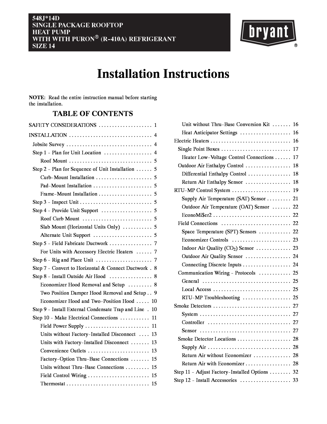 Bryant 548J*14D installation instructions Table Of Contents, Installation Instructions 