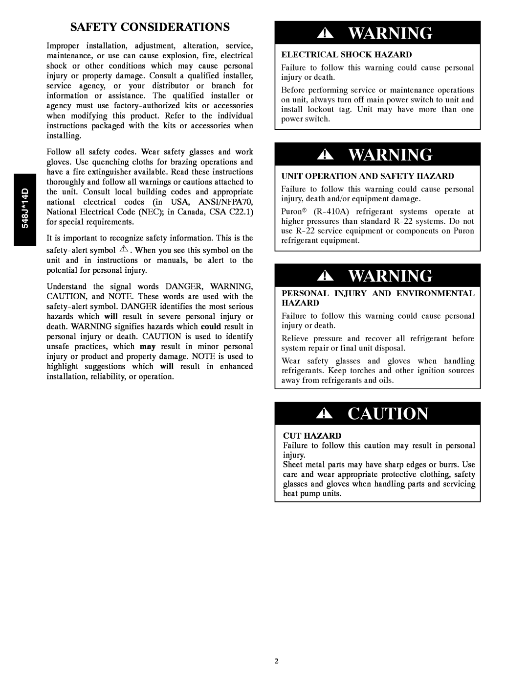 Bryant 548J*14D Safety Considerations, Electrical Shock Hazard, Unit Operation And Safety Hazard, Cut Hazard 