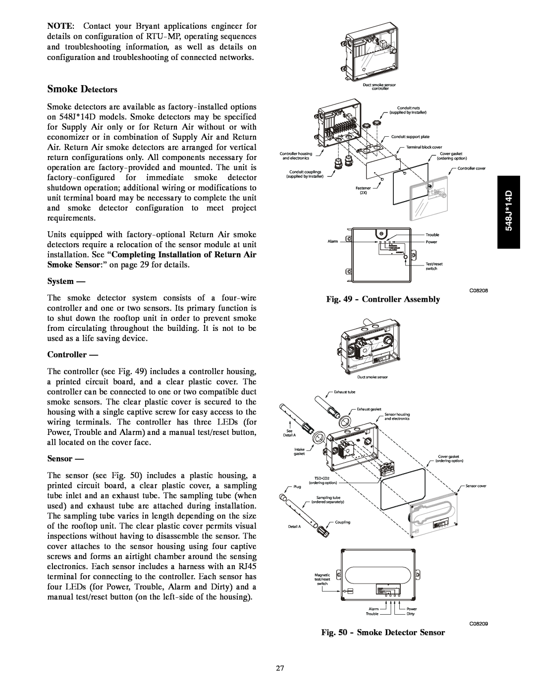 Bryant 548J*14D installation instructions Smoke Detectors, System, Controller Assembly, Smoke Detector Sensor 