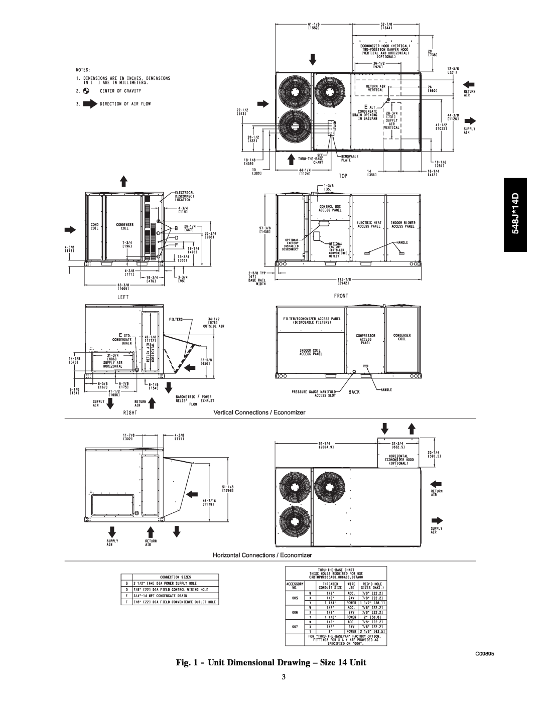 Bryant 548J*14D installation instructions Unit Dimensional Drawing - Size 14 Unit, C09895 