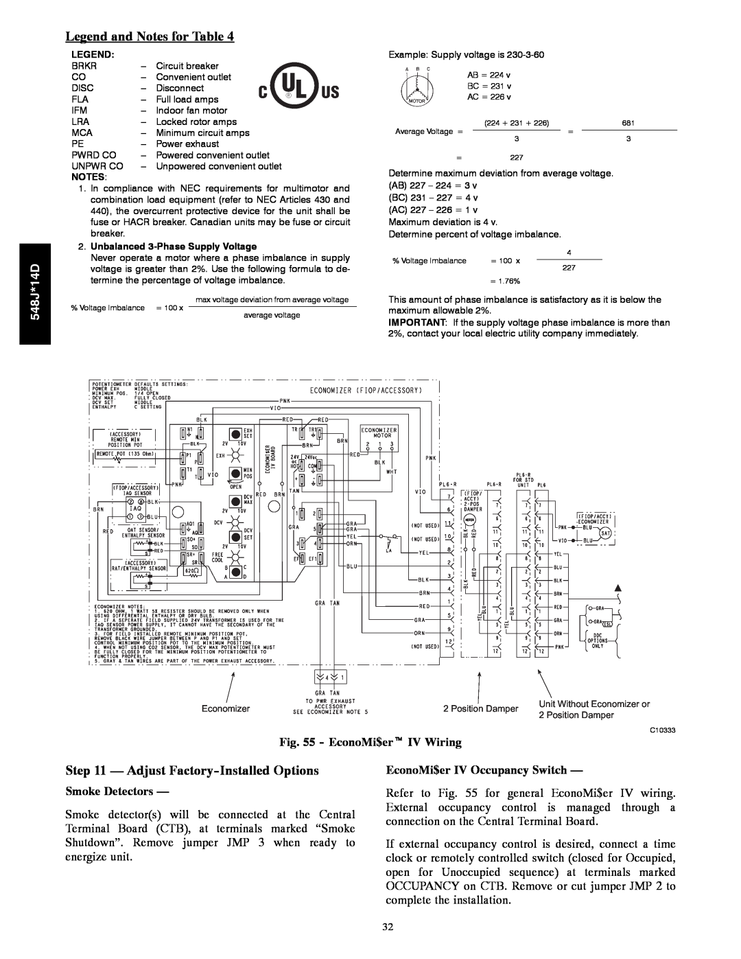 Bryant 548J*14D Legend and Notes for Table, Adjust Factory-Installed Options, EconoMi$ert IV Wiring, Smoke Detectors 