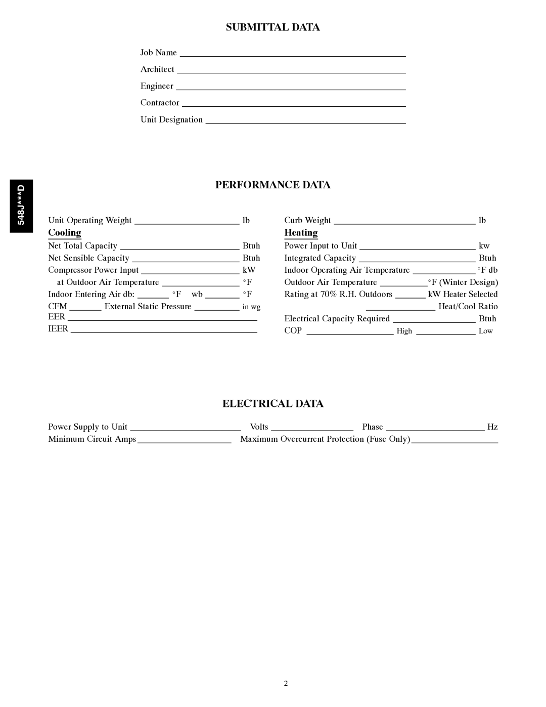 Bryant 548J***D warranty Submittal Data, Performance Data, Electrical Data, Cooling Heating 