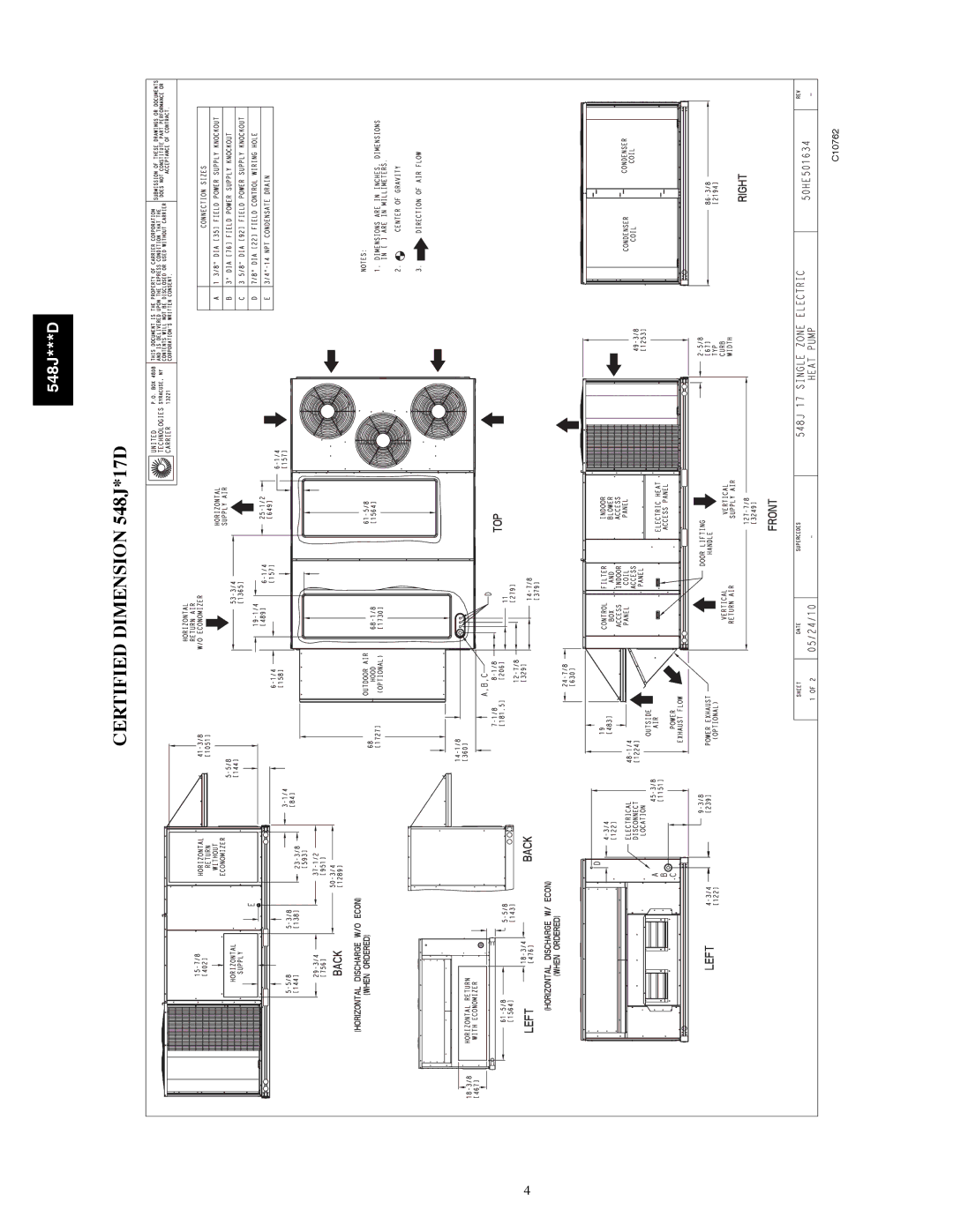 Bryant 548J***D warranty Certified Dimension 548J*17D 