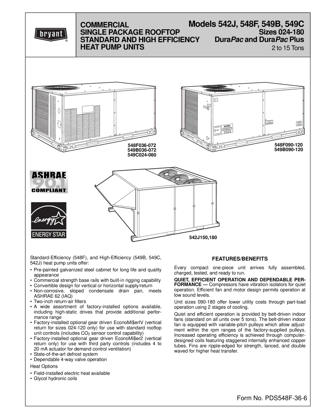 Bryant 549C manual Features/Benefits, 542J150,180 