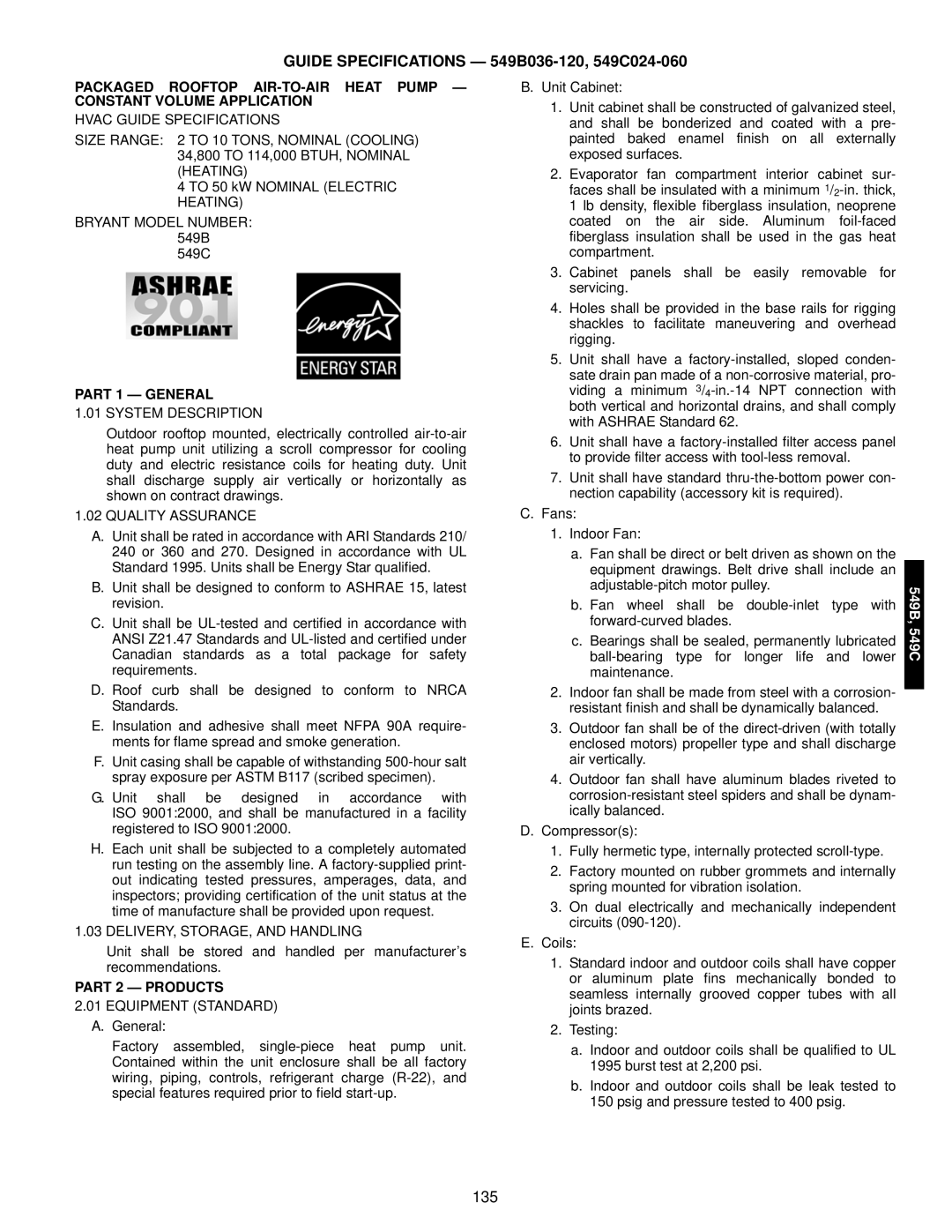 Bryant manual Guide Specifications 549B036-120, 549C024-060, Part 1 General 