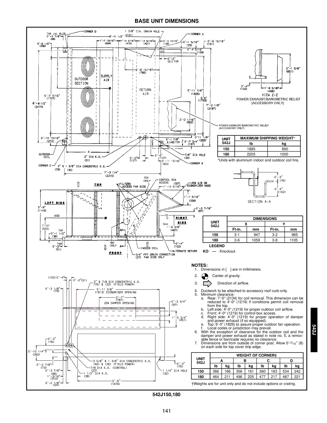 Bryant 549C manual Unit Maximum Shipping Weight, Dimensions, Unit Weight of CORNER† 