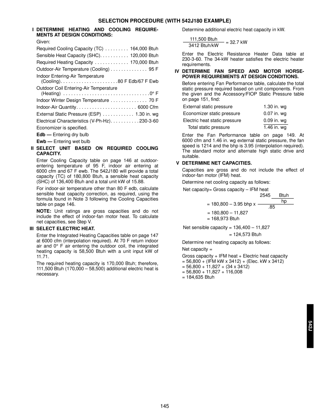 Bryant 549C manual Selection Procedure with 542J180 Example, II Select Unit Based on Required Cooling Capacity 