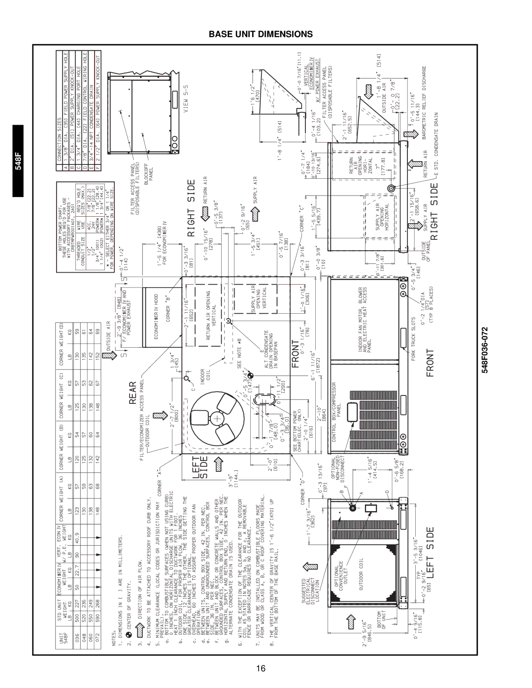 Bryant 549C manual Base Unit Dimensions 