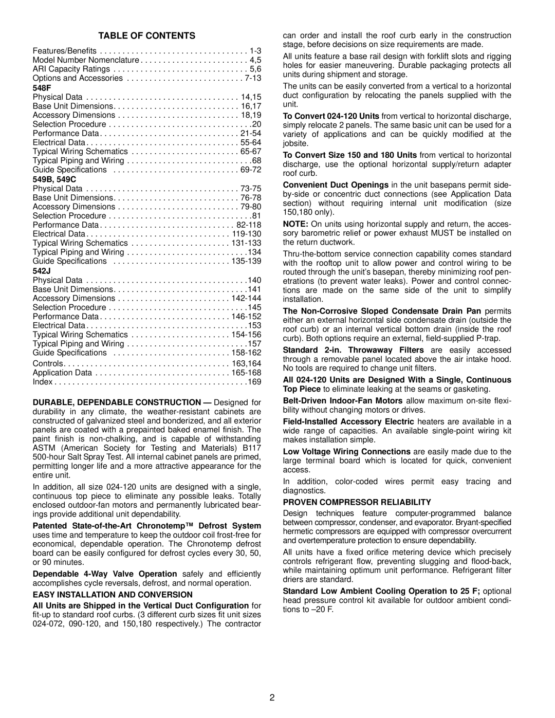 Bryant 549C manual Table of Contents 