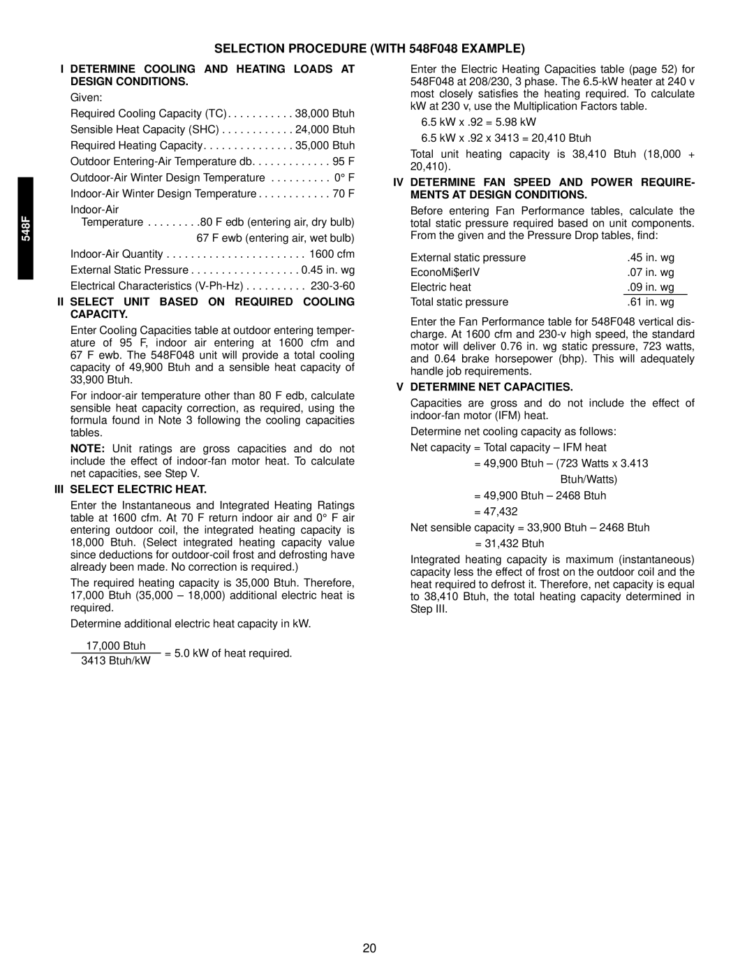 Bryant 549C manual Selection Procedure with 548F048 Example, Determine Cooling and Heating Loads AT Design Conditions 