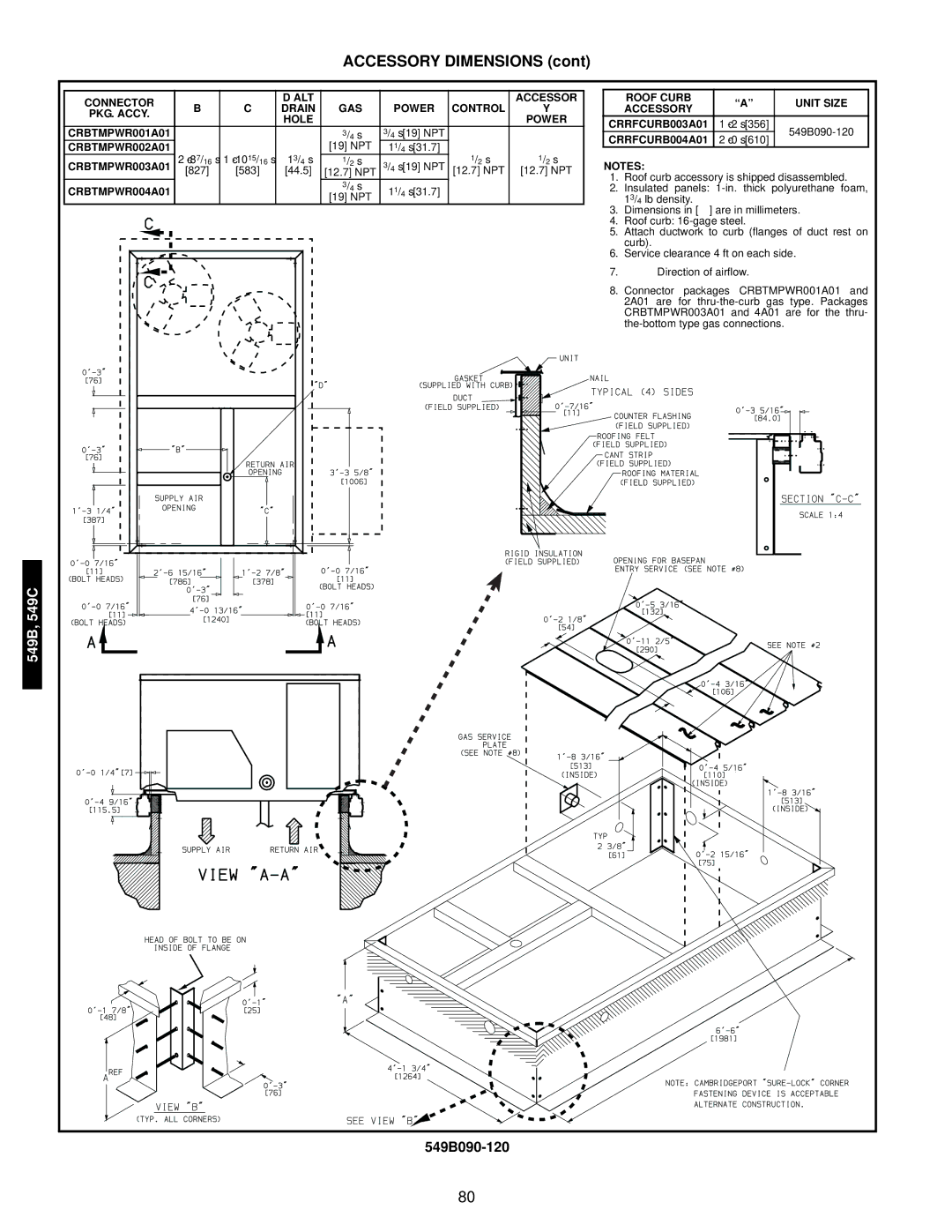 Bryant 549C manual 549B090-120, Roof Curb Unit Size Accessory CRRFCURB003A01, CRRFCURB004A01 