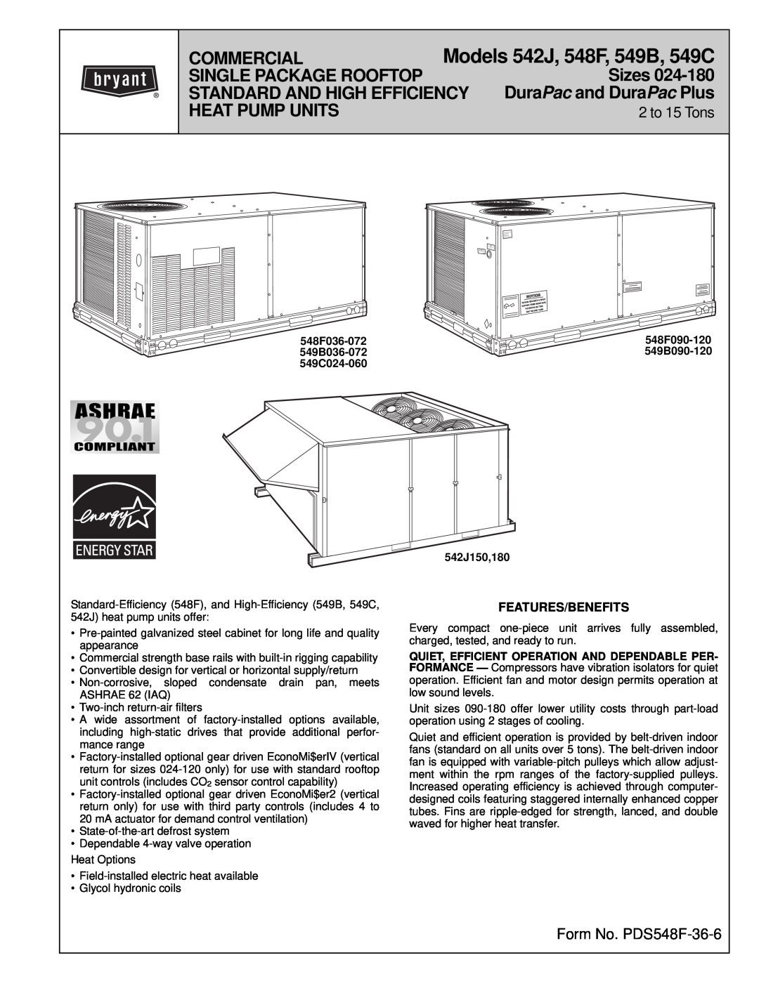 Bryant manual Features/Benefits, 542J150,180, Models 542J, 548F, 549B, 549C, Commercial, Single Package Rooftop, Sizes 