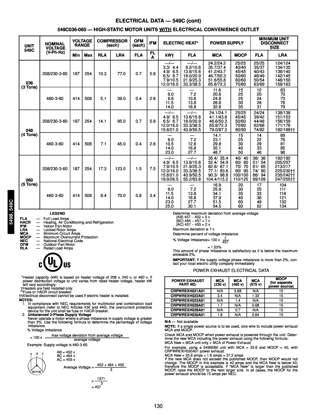 Bryant manual ELECTRICAL DATA — 549C cont, 549B, Voltage 