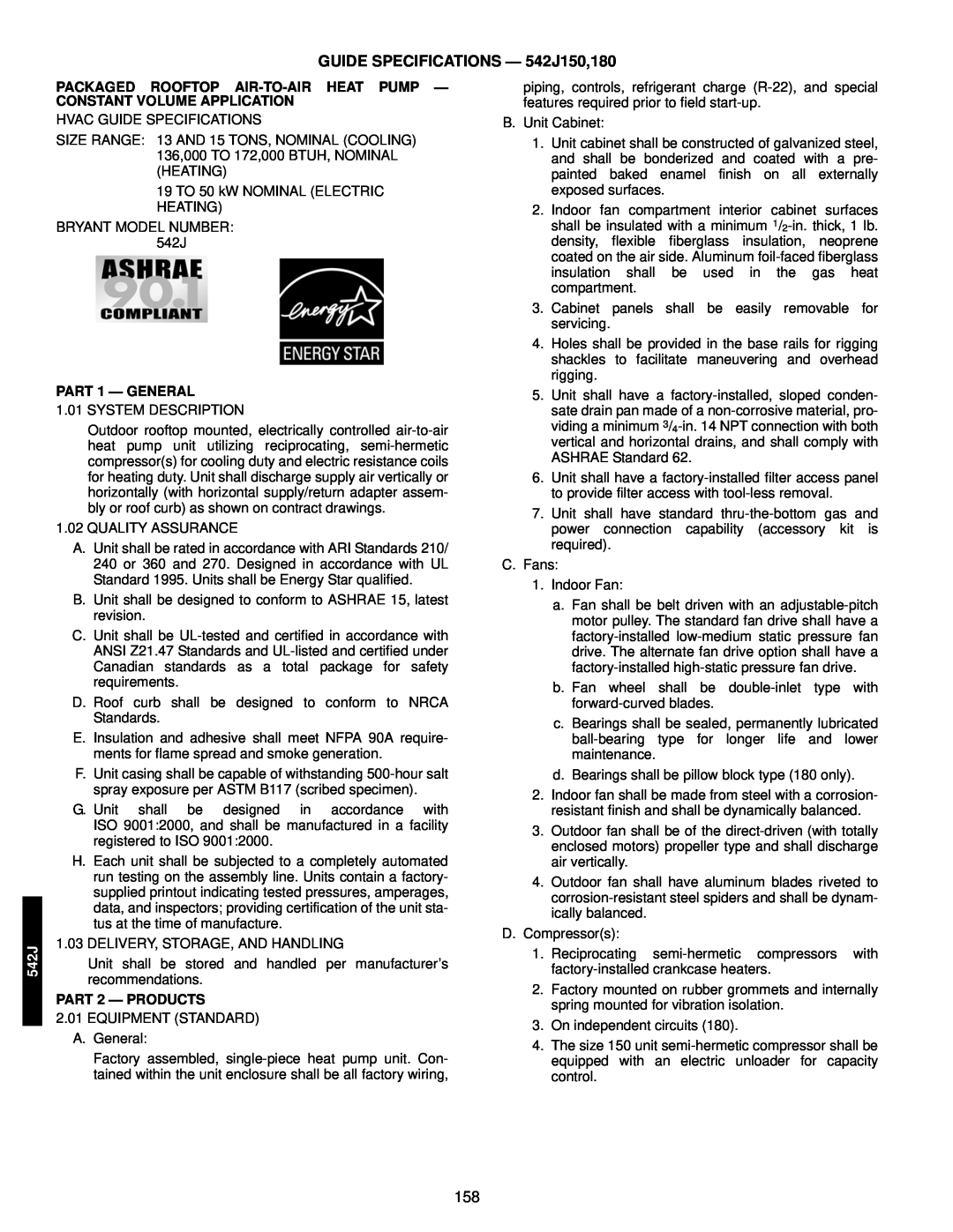 Bryant 549C manual GUIDE SPECIFICATIONS — 542J150,180, PART 1 — GENERAL, PART 2 - PRODUCTS 