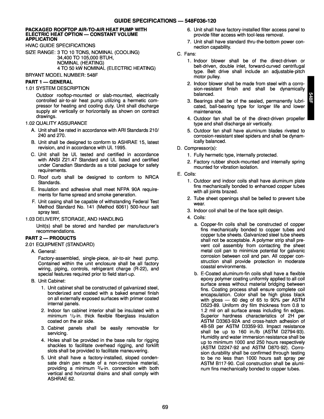Bryant 549C manual GUIDE SPECIFICATIONS — 548F036-120, PART 1 — GENERAL, PART 2 - PRODUCTS 