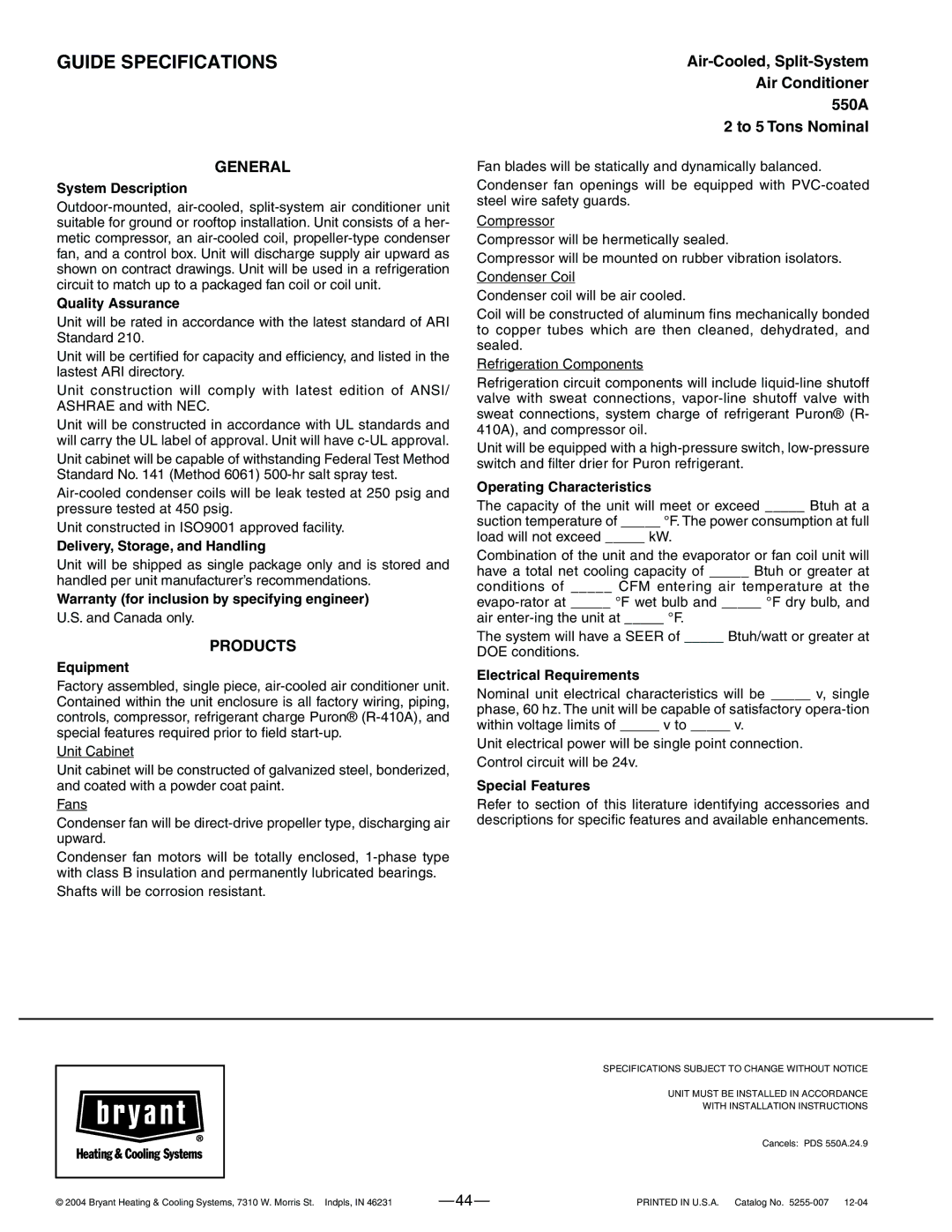 Bryant 550A warranty Guide Specifications, General 