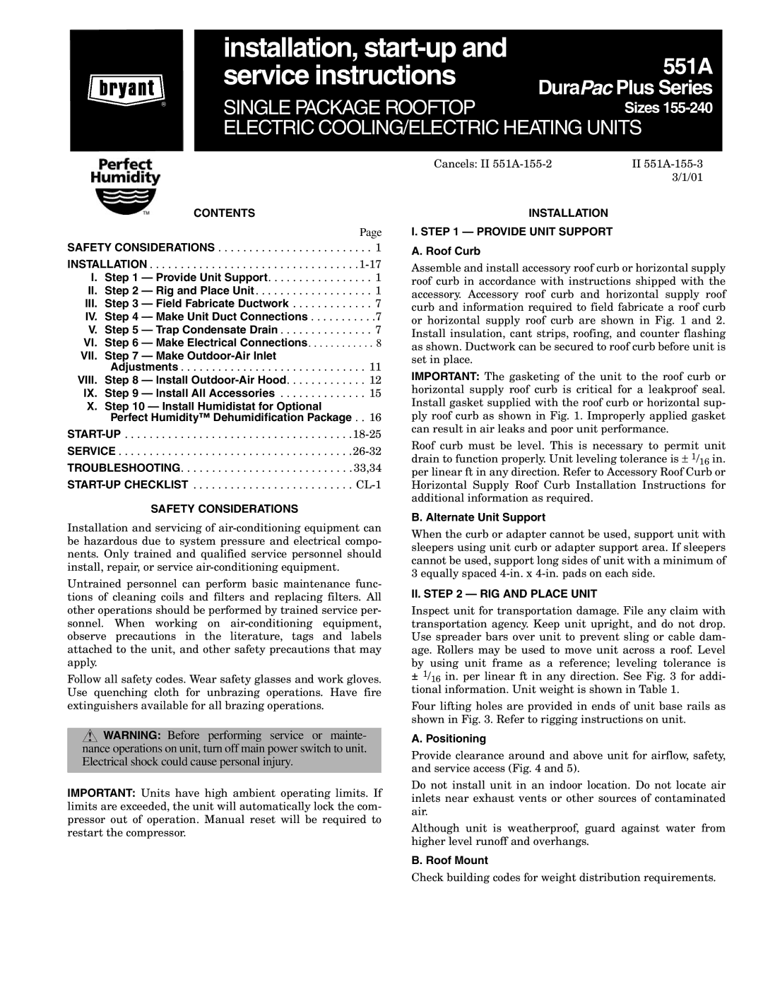 Bryant 551A operation manual Contents, Safety Considerations, Installation Provide Unit Support, II. RIG and Place Unit 