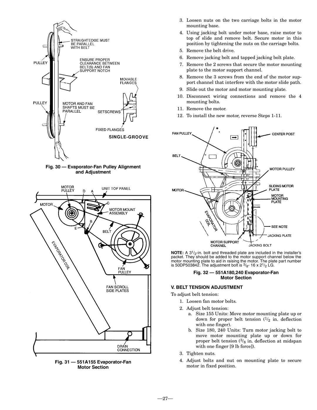 Bryant 551A operation manual Evaporator-Fan Pulley Alignment Adjustment, Belt Tension Adjustment 