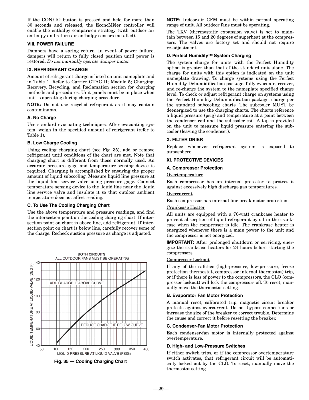 Bryant 551A operation manual VIII. Power Failure, IX. Refrigerant Charge, Filter Drier, XI. Protective Devices 