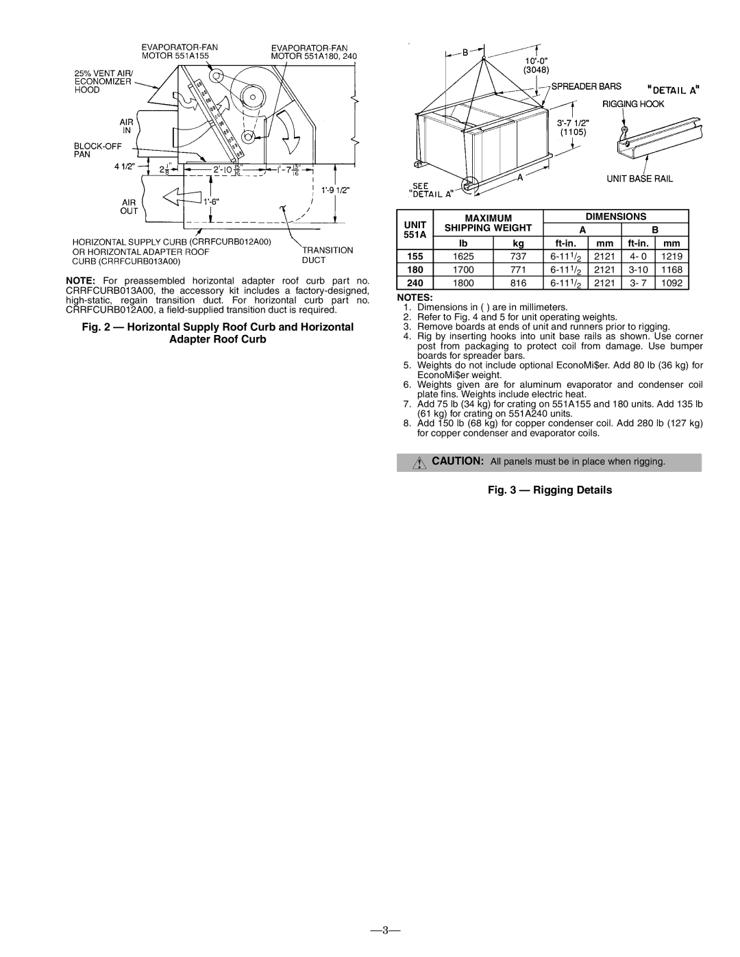 Bryant 551A operation manual Unit Maximum Dimensions Shipping Weight, Ft-in 155, 180, 240 