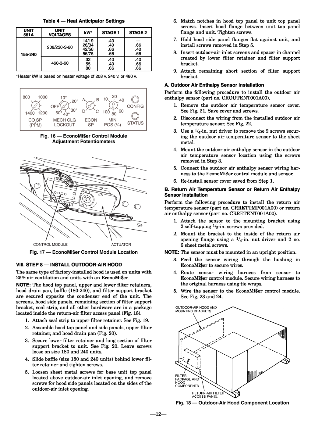 Bryant 551A operation manual 12, Heat Anticipator Settings, EconoMi$er Control Module, Adjustment Potentiometers 