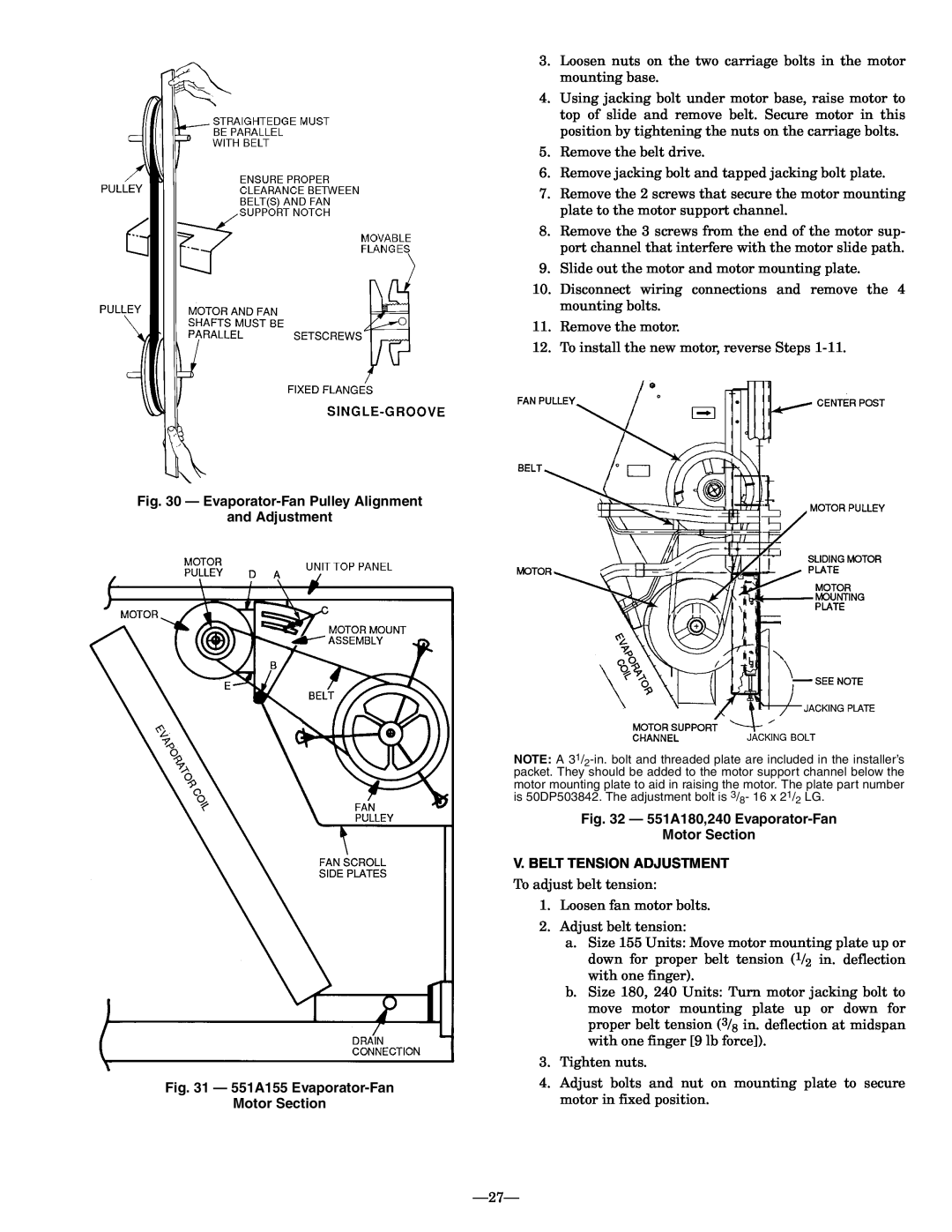 Bryant operation manual 27, Evaporator-FanPulley Alignment, and Adjustment, 551A155 Evaporator-Fan Motor Section 