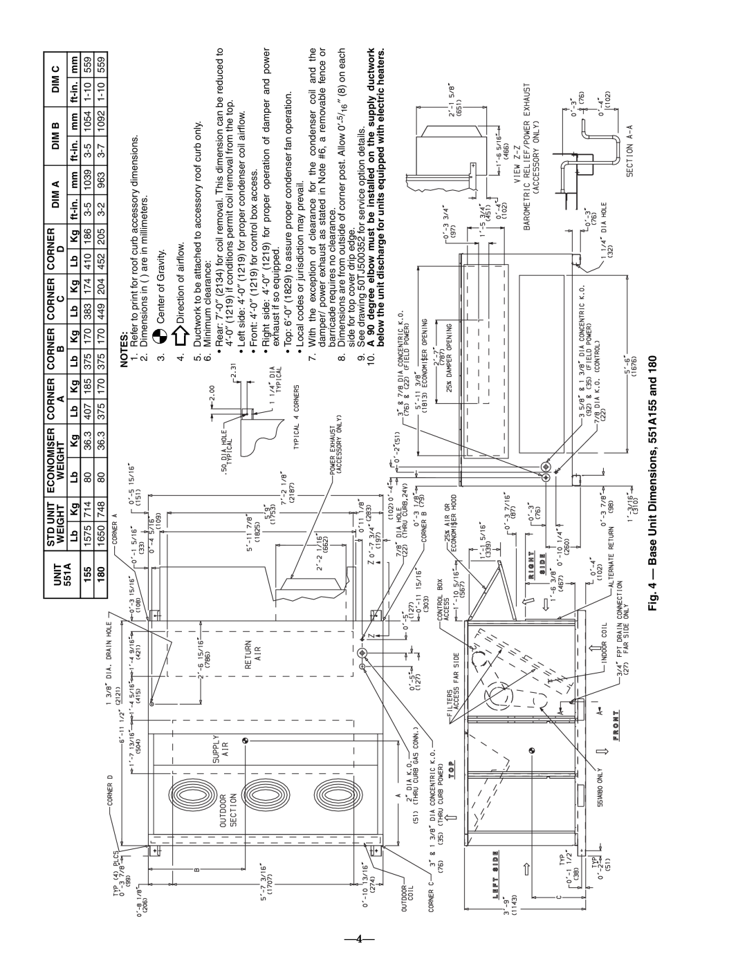 Bryant operation manual Base Unit Dimensions, 551A155 and 