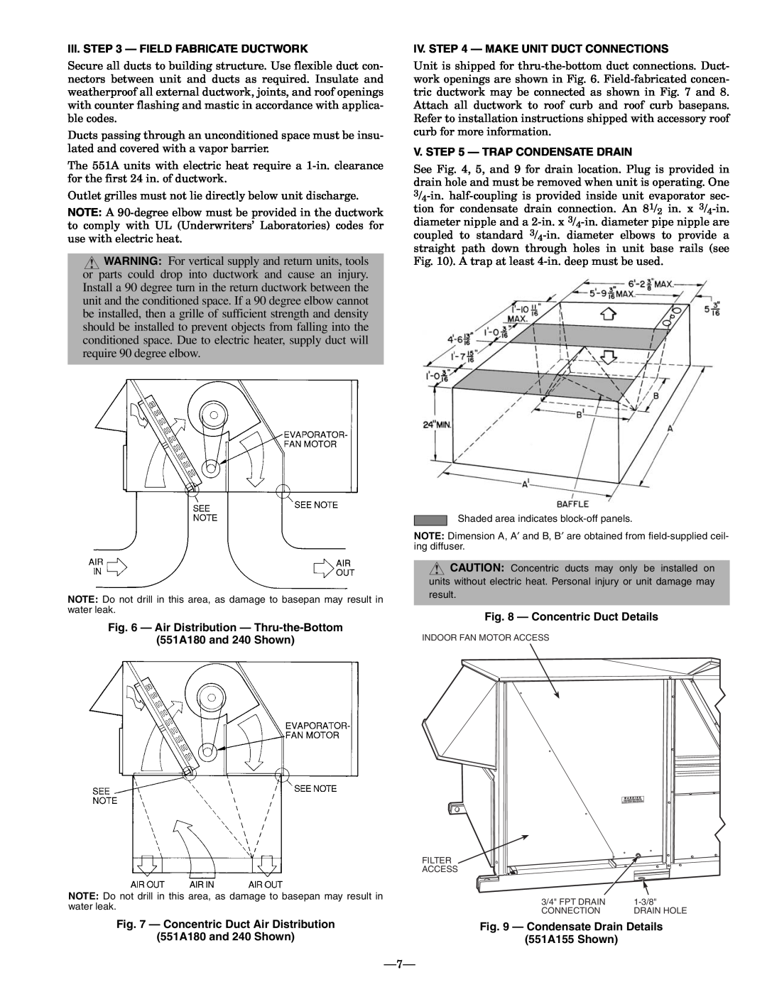 Bryant 551A operation manual Iii. — Field Fabricate Ductwork, Iv. — Make Unit Duct Connections, V. — Trap Condensate Drain 