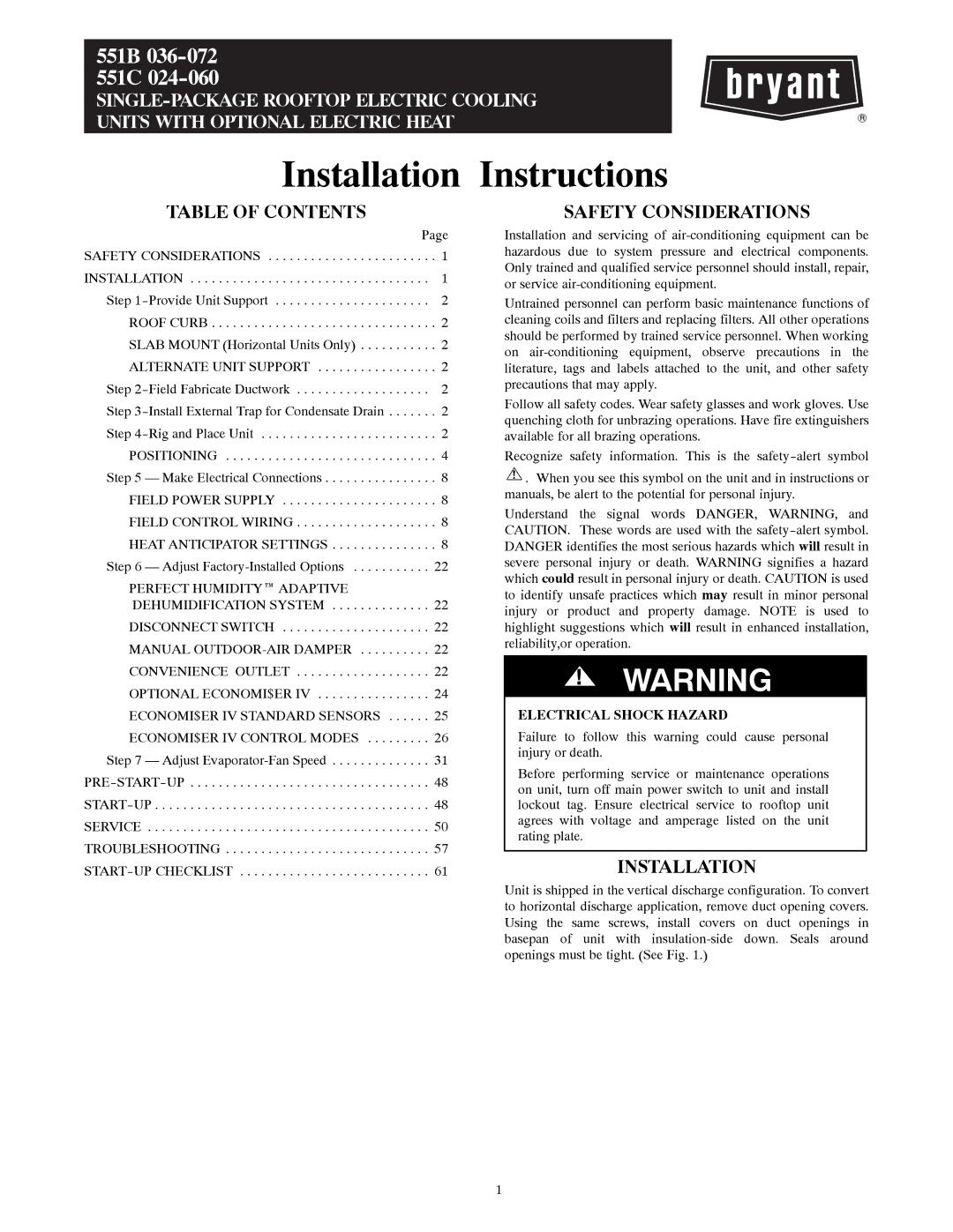 Bryant 551C, 551B installation instructions Installation Instructions 