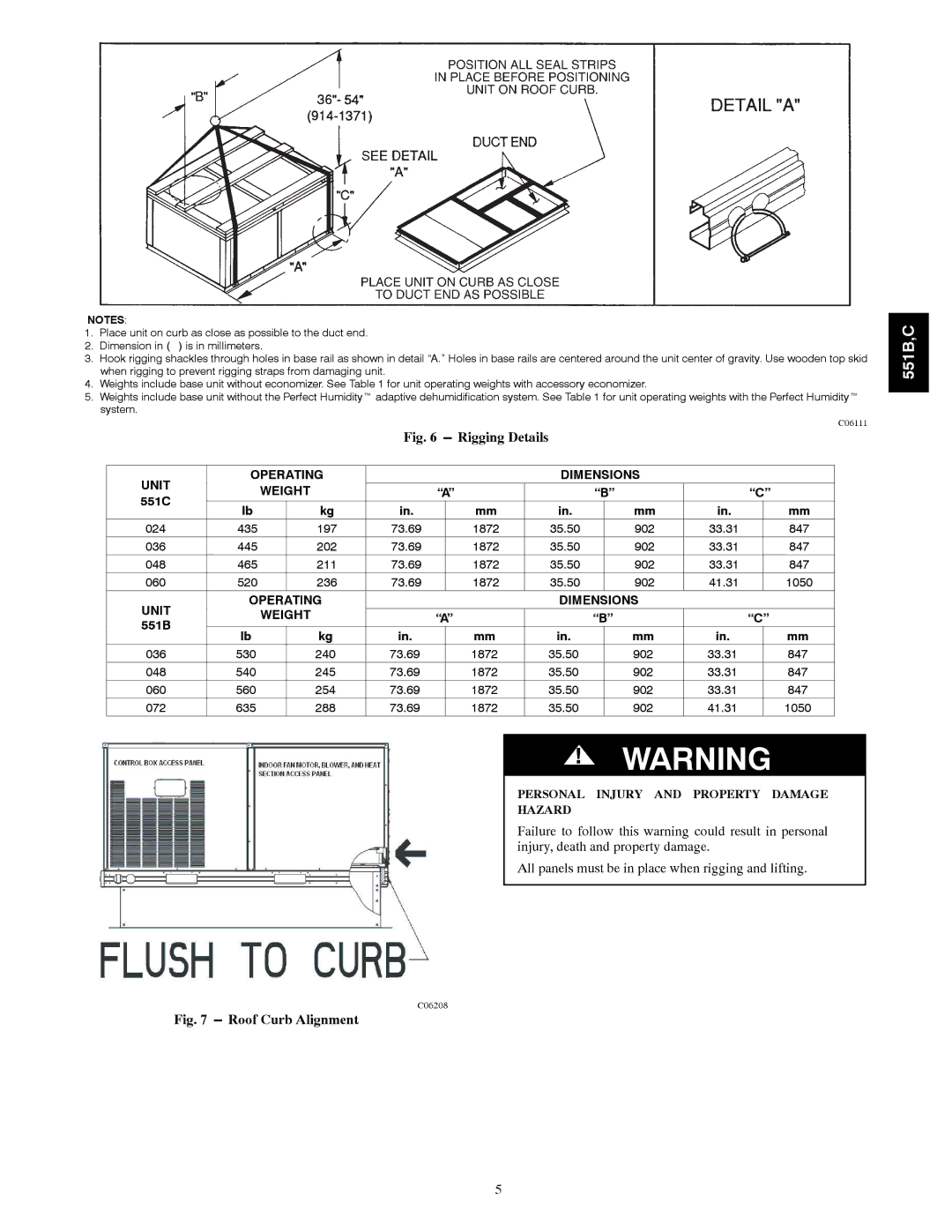 Bryant 551C installation instructions Unit Operating Dimensions Weight, 551B 