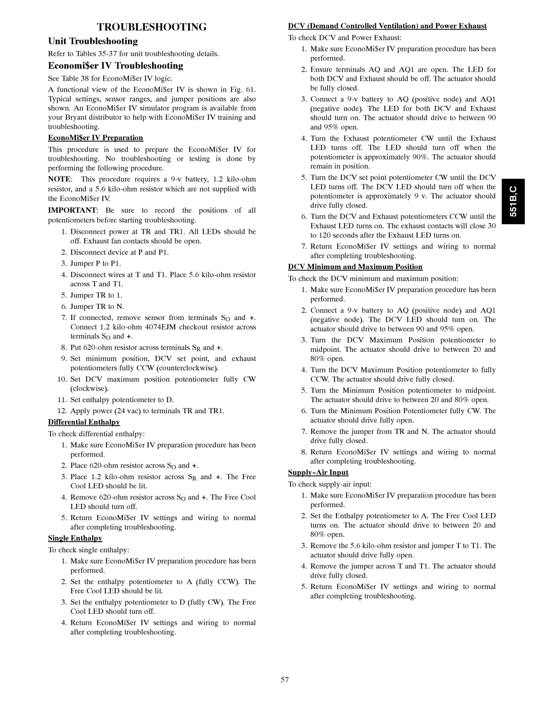 Bryant 551C, 551B installation instructions Unit Troubleshooting, Economi$er IV Troubleshooting 