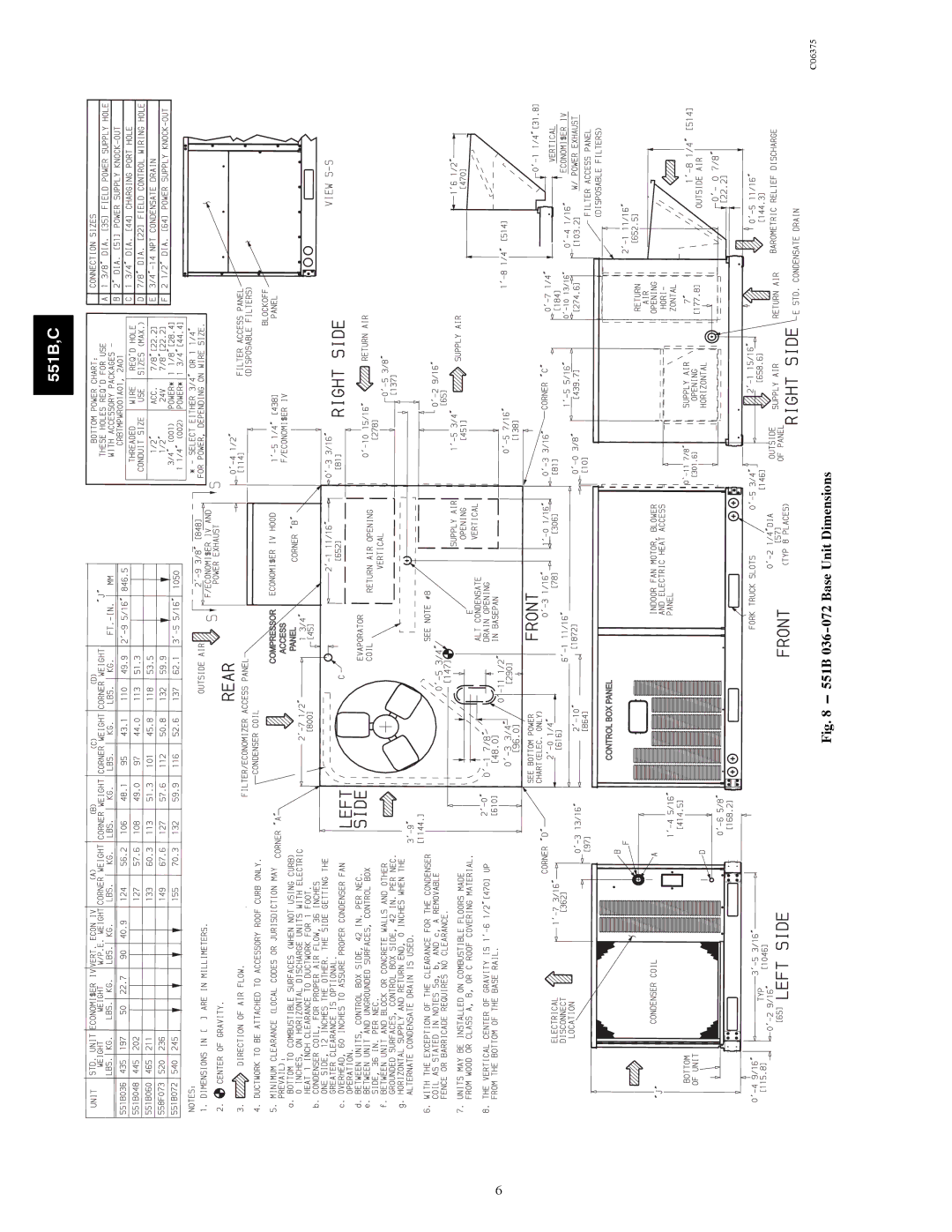 Bryant 551C installation instructions 551B 036-072 Base Unit Dimensions 